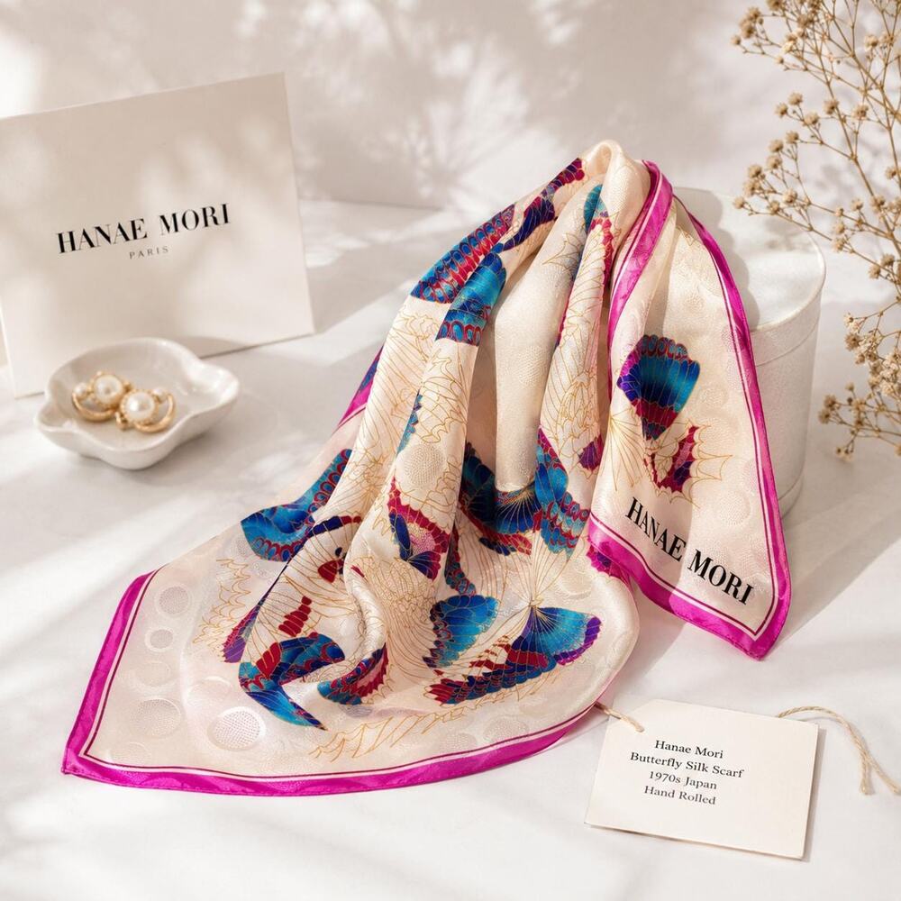 Hanae Mori Butterfly Silk Scarf 35x35 Signature Print 1970s Japan Hand Rolled - Picture 2 of 13